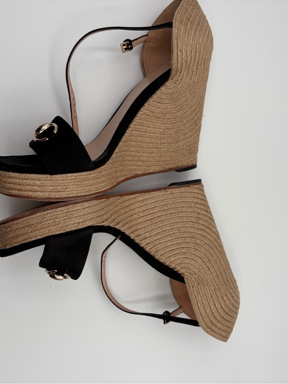 Gucci Horsebit Kid Suede Espadrille Wedge Sandals Black Size 40 - Picture 4 of 9